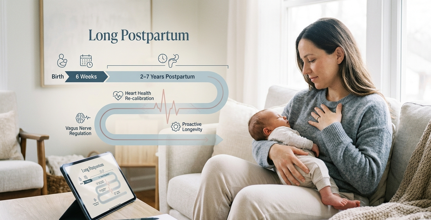 A cozy living room scene with a woman holding a baby on a sofa. In the background, a graphical timeline titled 'Long Postpartum' shows stages from Birth to 6 Weeks, then extending from 2 to 7 Years Postpartum. Icons for Vagus Nerve Regulation, Heart Health Re-calibration, and Proactive Longevity are included. A tablet and notebook on a coffee table display similar 'Long Postpartum' visuals and text.