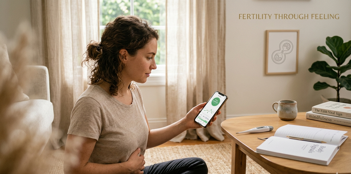 A woman looking at a fertility app on her smartphone while sitting on the floor of a sunlit living room. On a side table next to her are a digital basal body temperature thermometer and a journal titled "Body Signals." A wall sign reads "FERTILITY THROUGH FEELING."