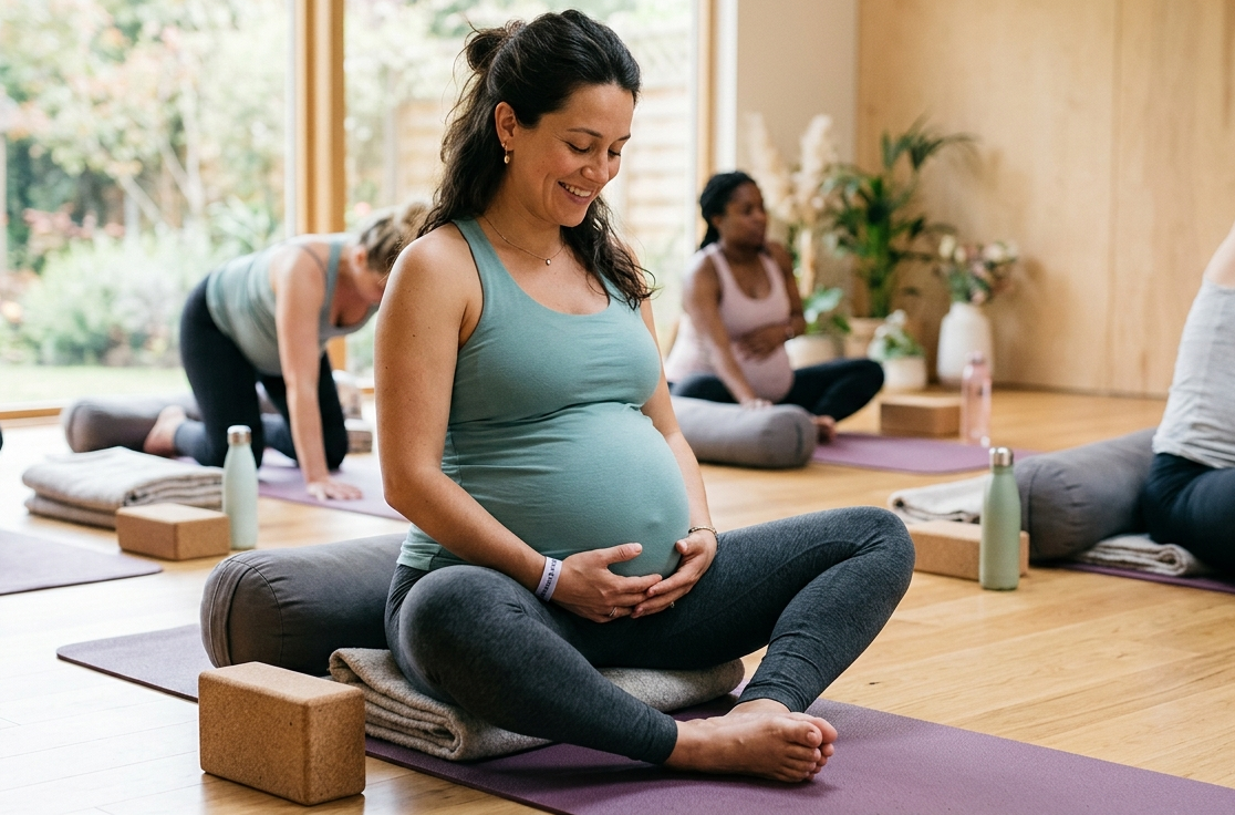 A diverse group of pregnant women practicing prenatal yoga in a bright, sunlit studio. The woman in the foreground sits cross-legged on a yoga mat, smiling peacefully and cradling her baby bump, while others in the background perform gentle stretches using bolsters and blocks.