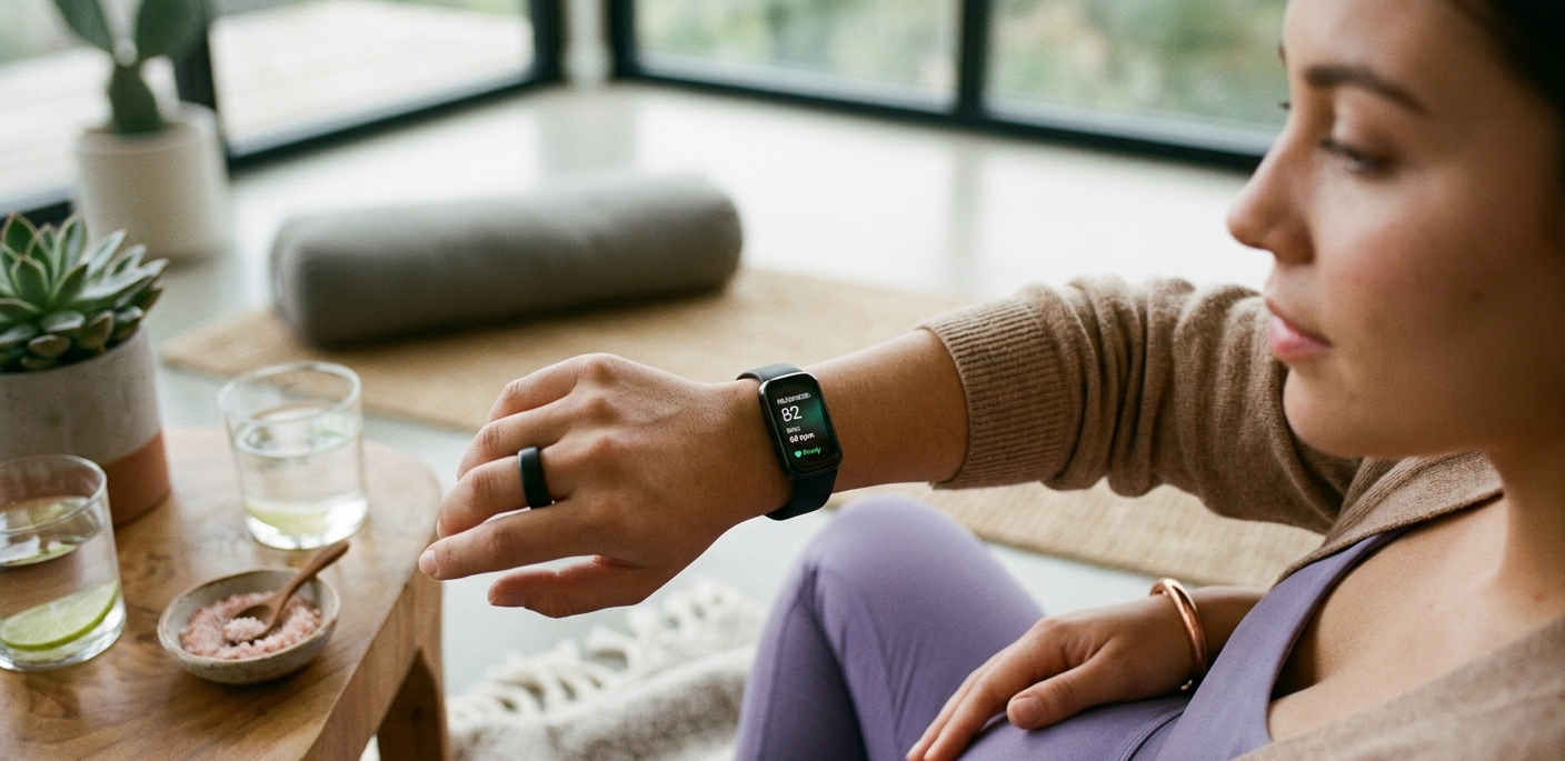 A pregnant woman in a living room checks a smartwatch displaying biometrics. She wears a black Oura ring on her finger. On a wooden side table next to her are a glass of water with a lime slice and a small ceramic bowl filled with Himalayan pink salt. Her other hand rests on her baby bump.