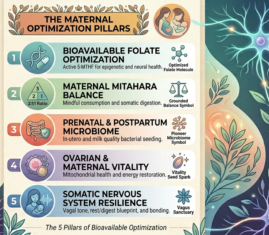 An educational infographic titled "The Maternal Optimization Pillars" featuring five vertical sections in soft pastel colors. Each section contains an icon and text: 1. Bioavailable Folate Optimization, 2. Maternal Mitahara Balance, 3. Prenatal & Postpartum Microbiome, 4. Ovarian & Maternal Vitality, and 5. Somatic Nervous System Resilience. The right side shows an artistic rendering of a neural network and botanical motifs.