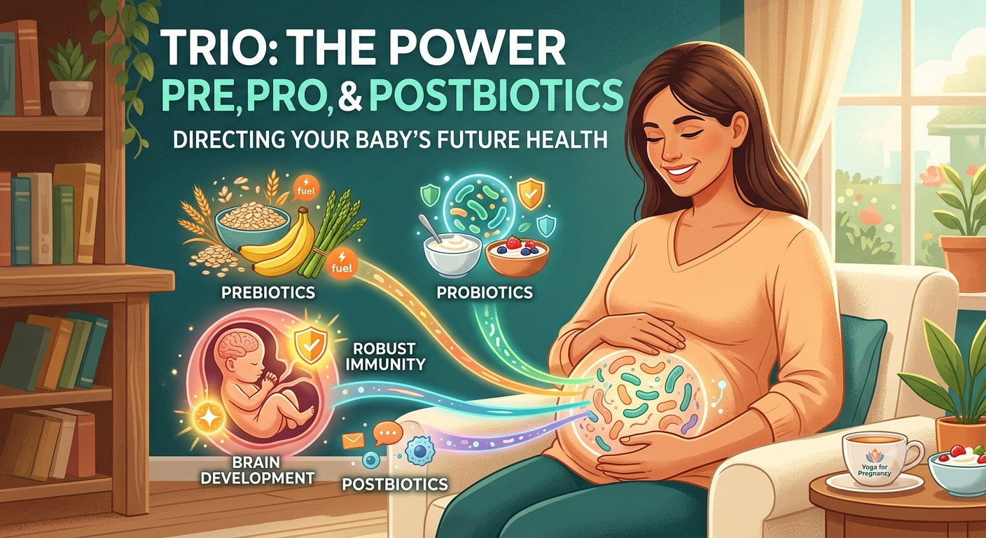 An illustrative infographic shows a smiling pregnant woman sitting in a cozy room, with an overlay title that reads "TRIO: THE POWER OF PRE, PRO, & POSTBIOTICS." The graphic uses colorful flow lines to connect visual categories of "PREBIOTICS" (oats, bananas, asparagus), "PROBIOTICS" (bowls of yogurt and berries), and "POSTBIOTICS" (bacteria shapes and message icons) into the woman’s illuminated belly. These flows then continue to a detailed icon of a fetus in the womb, labeled with benefits like "ROBUST IMMUNITY" and "BRAIN DEVELOPMENT," demonstrating how these bioactives impact the baby's health.