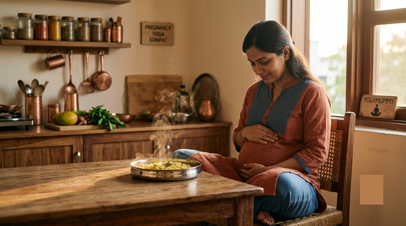 A young pregnant Indian woman with her eyes closed, sits cross-legged in a cozy kitchen, her hands resting on her pregnant belly, beside a plate of steaming yellow food, bathed in warm sunlight.