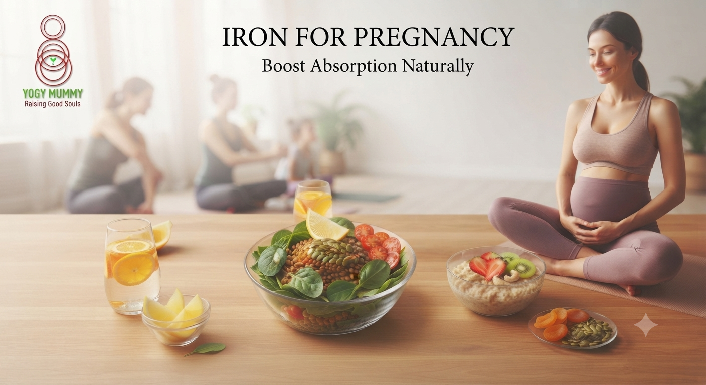 A pregnant woman sitting in a yoga pose next to bowls of iron-rich plant-based foods like lentil spinach salad, oatmeal with fruit, and the Yogi Mummy logo in the corner.