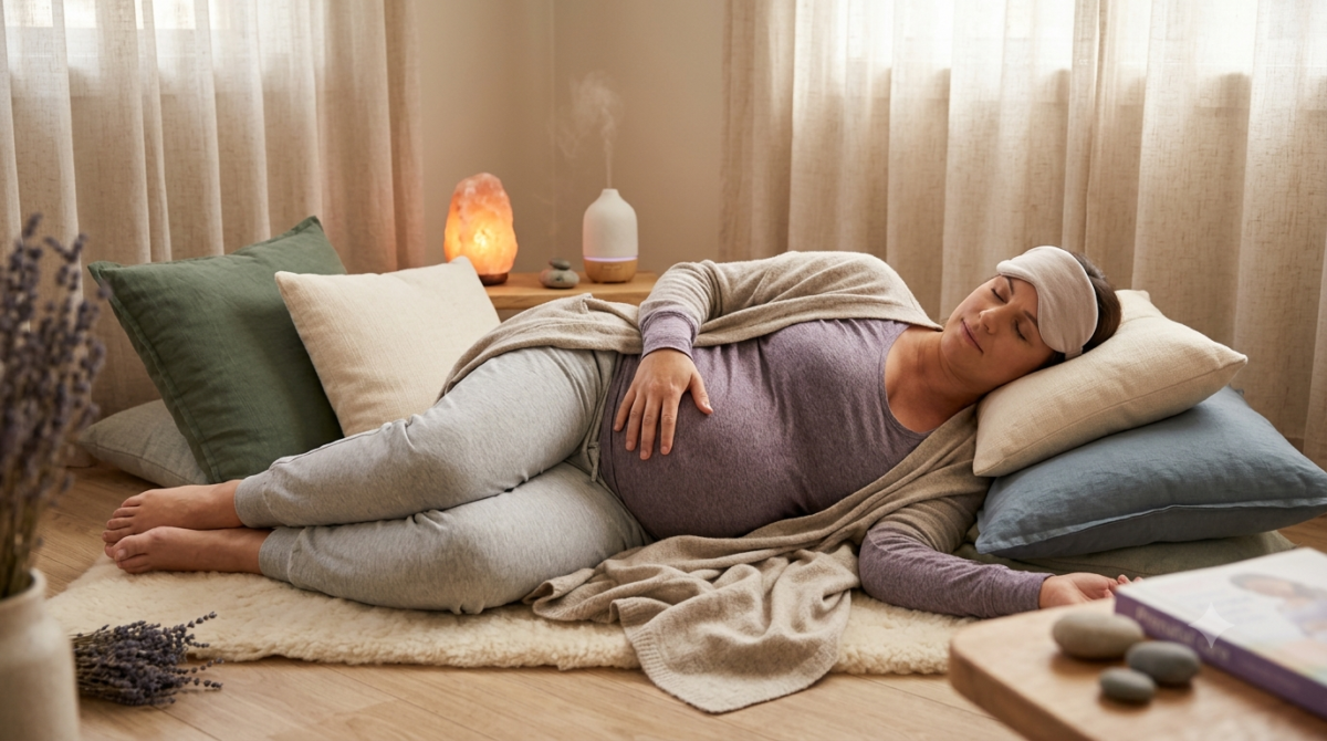 A pregnant woman in her late third trimester lies comfortably on her side on a plush rug, supported by numerous soft pillows and blankets. She wears an eye mask and holds her belly, exhibiting a peaceful expression. The warm, inviting background includes a salt lamp, an essential oil diffuser, and natural light, illustrating a Pregnancy Yoga Nidra session for deep rest.