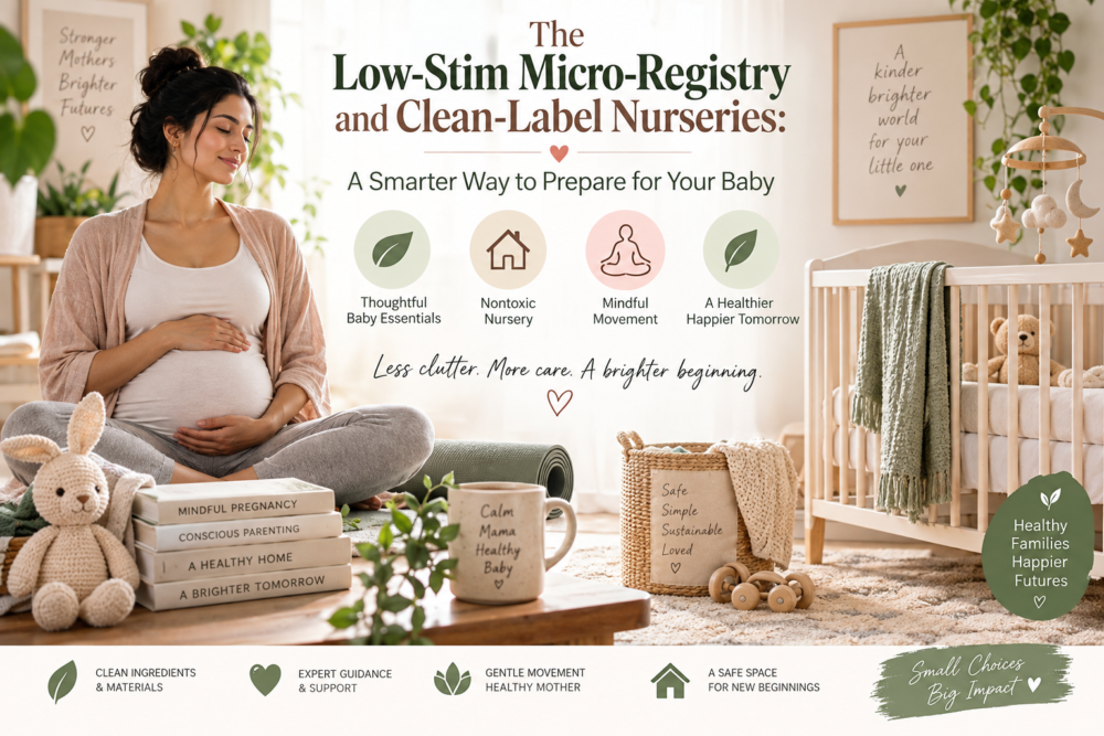 Pregnant woman practicing mindful movement beside a calm, natural nursery with a baby crib, wooden toys, organic textiles, and low-toxin essentials.